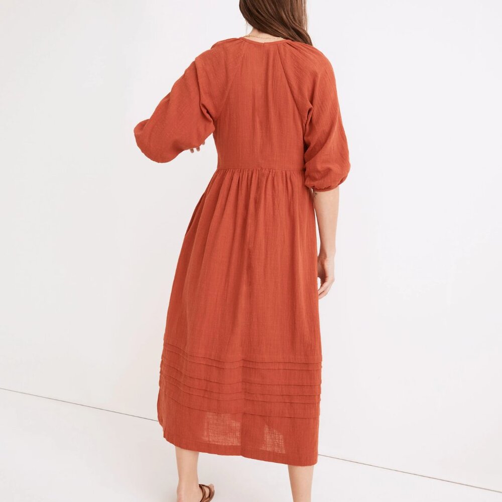 NWT Madewell Marianna Puff-Sleeve Midi Dress Orange Women's Size Medium Peasant - Picture 2 of 16